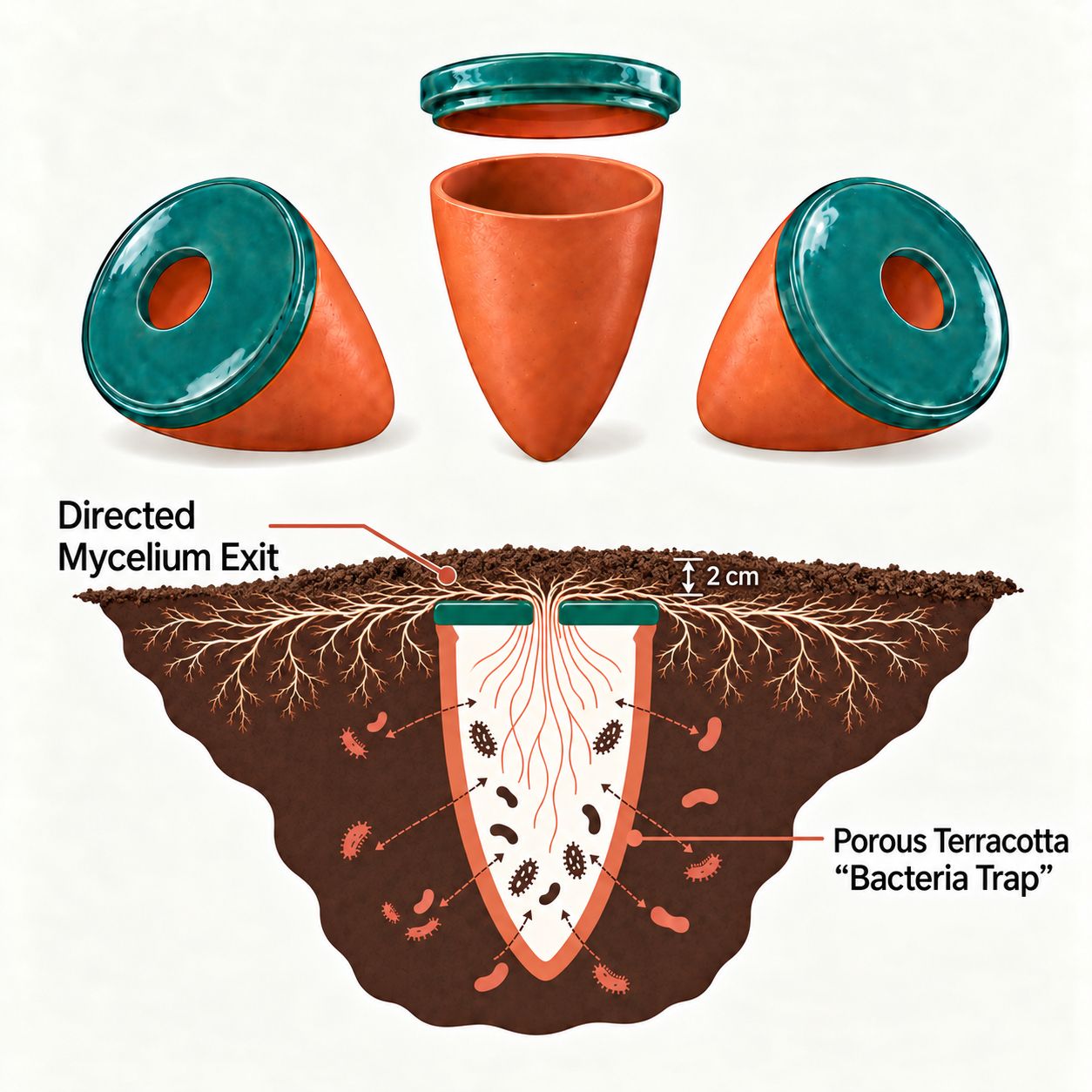 Ceramyca terracotta pods and a cutaway showing mycelium spreading beneath 2 cm of soil