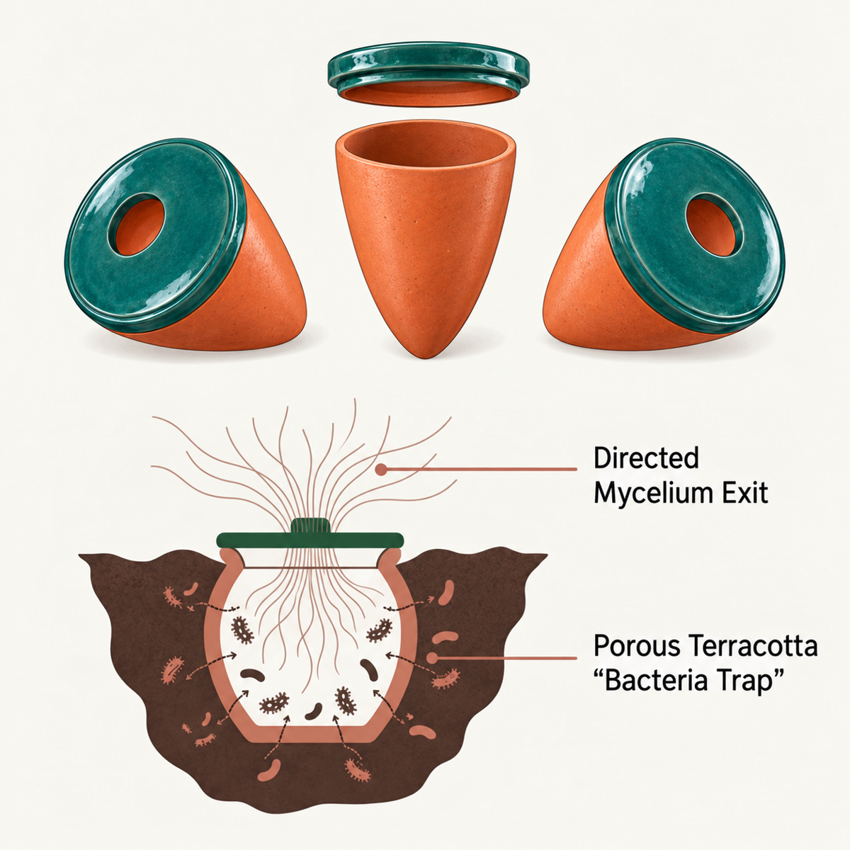 Three Ceramyca ceramic pods and a cross-section showing mycelium growing through the lid